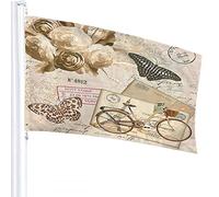 Paris Flag 3x5 FT Vintage Postcard with Roses Butterfly Bicycle Eiffel Tower Outdoor Flags Large Welcome Yard Banners Home Garden Yard Lawn Decor Brown