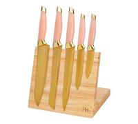Paris Hilton Lot de 6 blocs de couteaux avec bloc magnétique en bois, lames en acier inoxydable à haute teneur en carbone avec revêtement en titane, poignées élégantes et confortables, rose et doré