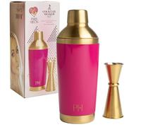 Paris Hilton Lot de 2 shakers isolés à double paroi en acier inoxydable avec passoire intégrée et jigger double face, 500 ml, doré et rose vif
