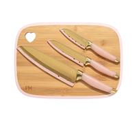 Paris Hilton Reversible Bamboo Cutting Board and Cutlery Set with Matching High Carbon Stainless Steel Knives, Blade Guards, Sleek Yet Comfortable Handle Grips, 7-Piece Set Gold, Pink