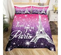 Paris Housse de Couette 200x200 Ensemble de Literie Tour Eiffel Pour Enfants,Parure de Lit Ciel Étoilé Pour Garçons Filles Adolescents,Housse Couette Thème Romantique Français Décoration Violette