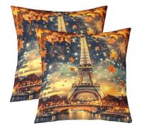 Paris Housse de Coussin Lot de 2 60x60,Romantique Tour Eiffel Housse D'Oreiller Enfants Garçon Fille,Fantastique Ciel Nocturne Taie D'Oreiller,Automne Campagne Feuille D'Érable Coussin Décoratifs