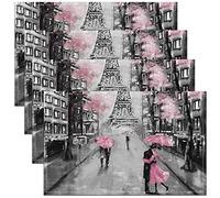 Paris Lot de 4 sets de table 30 x 45 cm, tour Eiffel française, pour table de terrasse, cuisine, rétro, aquarelle, fleurs de cerisier, lavables et résistants à la chaleur, gris rose