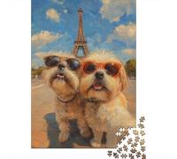Paris Monument Chiens Mignons Puzzle 1000 Pièces Papier pour Adultes Famille Relaxation Décor Cadeau 70x50cm/1000pcs