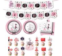 Paris Party Décorations Tour Eiffel Rose Vaisselle Set Paris Assiettes et Serviettes Thème Rêve Paris Bannière Gâteau Toppers pour Filles Anniversaire Mariage Douche Bébé Douche Mariée Décoration
