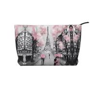 Paris Street Eiffel Tower Trousse de maquillage en velours côtelé avec fermeture éclair - Trousse pratique pour le maquillage des femmes - Noir - Taille unique