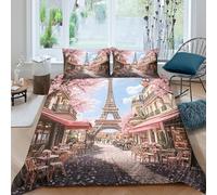 Paris street scène Ensemble De Literie Respirante Microfibre 3 Pièces 3D Imprimée Cherry blossom view Parure de Lit avec Taie d'oreiller Entretien Facile for Décoration de Chambre Single（140x200cm）