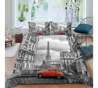 Paris street scène Linge de Lit Microfibre 3 pièces Imprimé en 3D Hypoallergique Vintage car in Housse de Couette avec 2 x Taies d'oreiller Respirante for Chambre de garçons Single（140x200cm）
