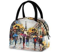 Paris Street Tour Eiffel Peinture Art Lunch Tote Bag avec Poche Avant Réutilisable Isolation Thermique Fermeture à Glissière Isotherme Sac Glacière pour Travail Scolaire Pique-Nique Voyage Pêche Plage