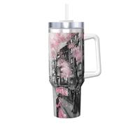 Paris Street Tower Gobelet isotherme réutilisable avec poignée pour boissons froides et chaudes Motif floral rose 1 200 ml