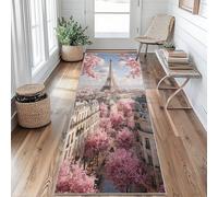 Paris Tour Eiffel Tapis de Couloir Fleurs de Cerisier Tapis de Couloir Long 60 x 120 cm Passage Antidérapant Lavable en Machine D'entrée Chambre Salon Descente de Lit Poil Ras Rug gU&O39