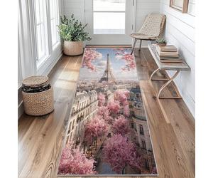 Paris Tour Eiffel Tapis de Couloir Fleurs de Cerisier Tapis de Couloir Long 60 x 120 cm Passage Antidérapant Lavable en Machine D'entrée Chambre Salon Descente de Lit Poil Ras Rug gU&O39