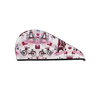 Paris Tour Eiffel Vélo Imprimé Serviette de Séchage des Cheveux Séchage Rapide Absorbant Bonnet de Cheveux Secs en Velours Corail avec Bouton Fixé pour Sécher les Cheveux Longs et Épais
