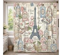 Paris Tower Rideau de Douche Extra Long Bouteilles de Parfum Français Classique Fleurs Printemps Pastel Pêche Tissu Imperméable Décoration Salle de Bain Chambre d'hôtes 72 x 96 cm