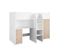 Lit Combine Mezzanine Enfant - Decor Blanc Et Chene - Sommier Inclus - 90x200 Cm - Tom
