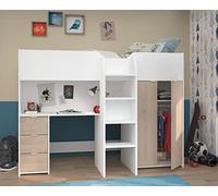 Lit Combine Mezzanine Enfant - Decor Blanc Et Chene - Sommier Inclus - 90x200 Cm - Tom