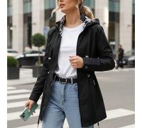 Parka de saison à capuche pour femme, longueur mi-cuisse, fermeture éclair, tissu 100% polyester, taille ajustable, capuche amovible à cordon de serrage, poches latérales zippées, doublure lisse, mant