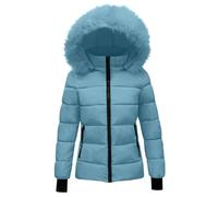 Parka imperméable à capuche en fausse fourrure pour filles - Doudoune longue et isolée pour l'hiver, bleu ciel, 13-14 ans