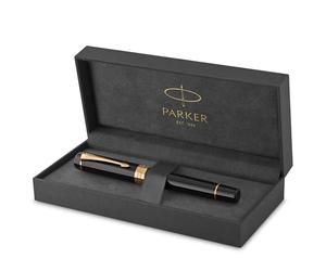 Parker Duofold Classique stylo-plume | Noir et attributs plaqué-or | taille Centennial | plume moyenne en or massif | encre noire et convertisseur