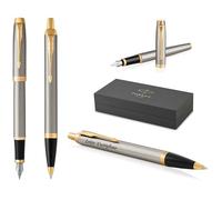 Parker IM Core Stylo-plume et stylo à bille, avec gravure, de qualité supérieure, boîte cadeau, mine noire, cadeau personnalisé, nom, anniversaire (métal brossé G.C.)