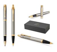 PARKER IM Core Stylo roller et stylo à bille avec gravure - Stylo de qualité supérieure - Boîte cadeau - Mine noire - Cadeau personnalisé - Nom, anniversaire (métal brossé G.C)