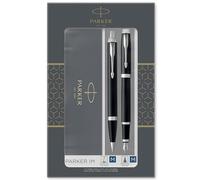 Parker IM Duo coffret-cadeau avec stylo bille et stylo plume | finition noire laquée avec attributs chromés | recharge et cartouche d’encre bleue | coffret-cadeau