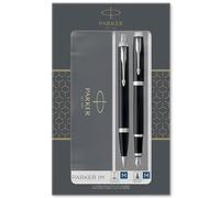 Parker IM Duo coffret-cadeau avec stylo bille et stylo plume | finition noire laquée avec attributs chromés | recharge et cartouche d’encre bleue | coffret-cadeau