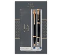 Parker IM Duo coffret-cadeau avec stylo bille et stylo plume | finition noire laquée avec attributs or | recharge et cartouche d’encre bleue | coffret-cadeau