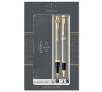 Parker IM Duo Coffret-cadeau avec Stylo Bille et stylo roller | finition métal Brossé avec attributs Or