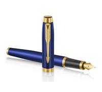 Parker IM Premium Stylo plume édition limitée | Laque bleue brillante avec bordures dorées | Pointe fine dorée | Encre noire | Boîte cadeau