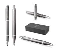 PARKER IM Rituals Grey Chrome Stylo à bille et stylo roller avec gravure | Stylo de qualité supérieure | Coffret cadeau | Cadeau personnalisé | Anniversaire (gris chromé)