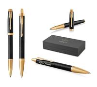 PARKER IM Stylo roller et stylo à bille de qualité supérieure avec gravure - Stylo de qualité supérieure - Boîte cadeau - Cadeau personnalisé - Anniversaire- Noir/Or
