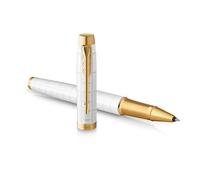 Parker IM stylo roller - Laqué perle Premium avec attributs dorés - Pointe fine avec recharge d’encre noire - Coffret cadeau