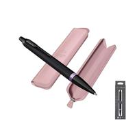 Parker IM Vibrant Rings Stylo à bille - Violet améthyste | Noir mat avec anneaux violets Étui rose à fermeture éclair avec logo en relief | Stylo d'écriture élégant pour professionnels