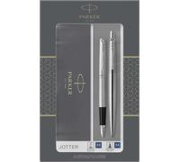 Parker Jotter Duo coffret-cadeau avec stylo bille et stylo plume | acier inoxydable avec attributs chromés | recharge et cartouches d’encre bleue | coffret-cadeau