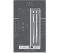 Parker Jotter Duo Coffret-cadeau avec Stylo Bille et Portemine criterium (0,5mm) | Acier inoxydable avec attributs chromés | Fourniture scolaire | boîte de 2