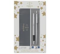 PARKER Jotter coffret cadeau, Stylo bille acier CT avec Recharge bleu pointe moyenne + stylo plume CT Plume moyenne