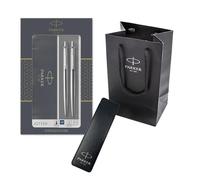 Parker Jotter Duo Coffret cadeau avec stylo à bille et porte-mine (0,5 mm), acier inoxydable avec bordure chromée | Coffret cadeau avec pochette de marque | Recharge d'encre bleue