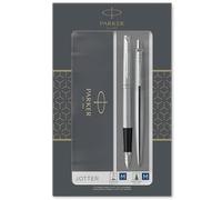 Parker Jotter Duo coffret-cadeau avec stylo bille et stylo plume | acier inoxydable avec attributs chromés | recharge et cartouches d’encre bleue | coffret-cadeau