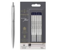 Parker Jotter Lot de 10 stylos à bille XL | Acier inoxydable monochrome | Pointe moyenne | Encre bleue | Coffret cadeau et recharges de stylo à bille Parker | Pointe moyenne | Encre noire QUINKflow