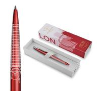 Parker Jotter Stylo bille | Édition spéciale | Rouge Londres avec finition chrome | Pointe moyenne | Encre bleue | Coffret cadeau géométrique