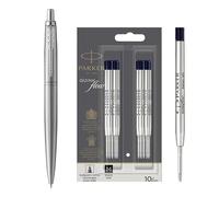 Parker Jotter XL Stylo à bille | Acier inoxydable monochrome | Pointe moyenne | Encre noire | Coffret cadeau | Lot de 10 recharges pour stylo à encre noire QUINKflow
