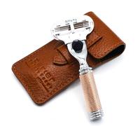 Parker Rasoir de voyage compact à 3 lames pour femme Or rose | Compatible avec les cartouches Gillette Venus, poignée en laiton chromé, étui de voyage en cuir de buffle