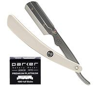 Parker Safety Razor Parker Srw Bord Droit en acier inoxydable Coiffeur rasoir et 100 Shark super Lames inoxydable blanc