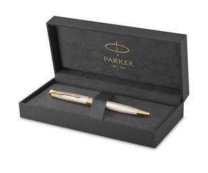 PARKER Sonnet 2119796 - Stylo à bille de qualité supérieure - Silver Mistral - Avec pièces dorées - Mine de rechange moyenne noire - Coffret cadeau