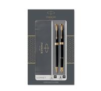 Parker Sonnet Duo coffret-cadeau avec stylo bille et stylo plume (pointe or 18 carats) | finition noire laquée avec attributs or | recharge et cartouche d’encre noire | coffret-cadeau