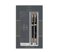 Parker Sonnet Duo coffret-cadeau avec stylo bille et stylo plume (pointe or 18 carats) | finition noire laquée avec attributs or | recharge et cartouche d’encre noire | coffret-cadeau