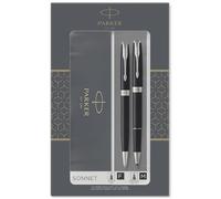 Parker Sonnet Duo coffret-cadeau avec stylo bille et stylo roller | finition noire laquée avec attributs chromés | recharge et cartouche d’encre noire | coffret-cadeau