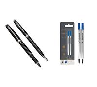 Parker Sonnet Duo Coffret-cadeau avec Stylo Bille et stylo roller | noire laquée avec attributs chromés & recharges pour stylo roller | pointe moyenne | encre bleue QUINK | lot de 2