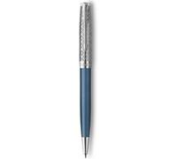 Parker Sonnet Stylo Bille | Premium métal et bleu satiné avec finition chrome | Pointe moyenne avec recharge d'encre noire | Coffret cadeau